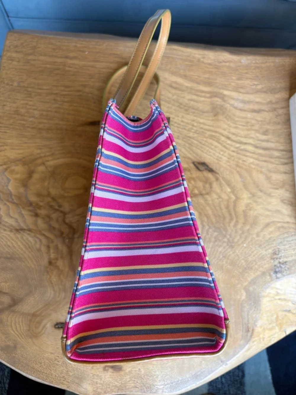 Kate Spade Striped Pink Canvas Tote with Tan Trim and Bow